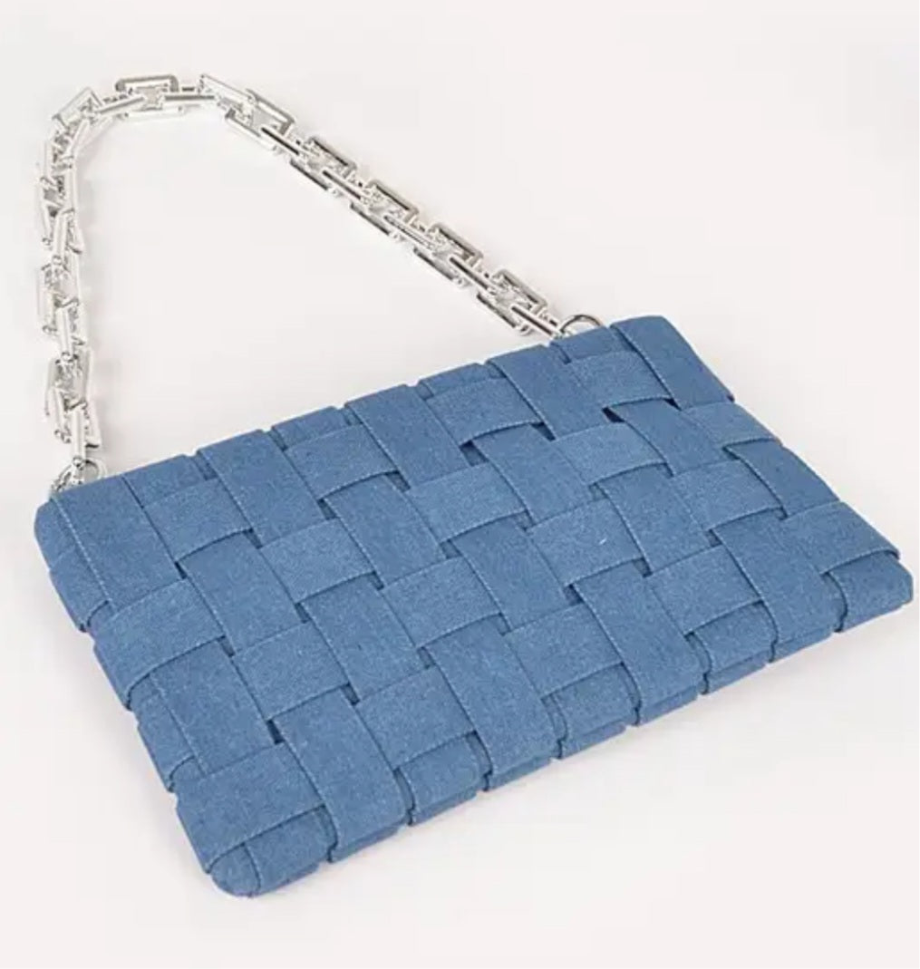 Blue Woven Denim Clutch Handbag