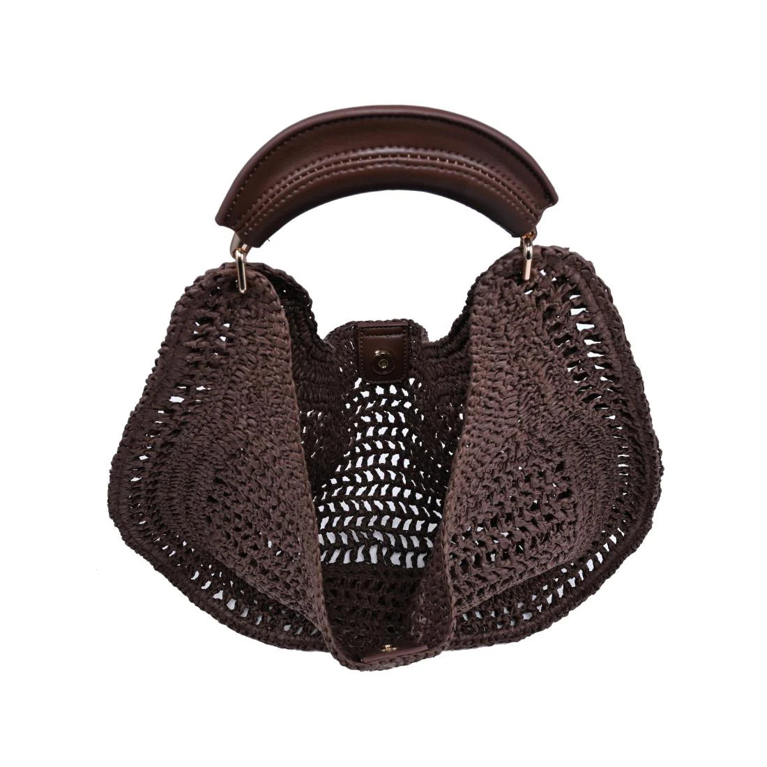 Crochet-woven crescent handbag with a padded top handle