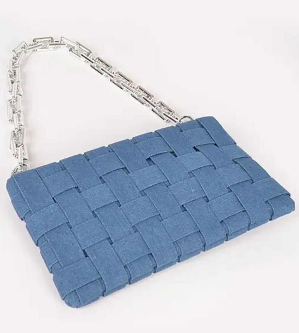 Blue Woven Denim Clutch Handbag