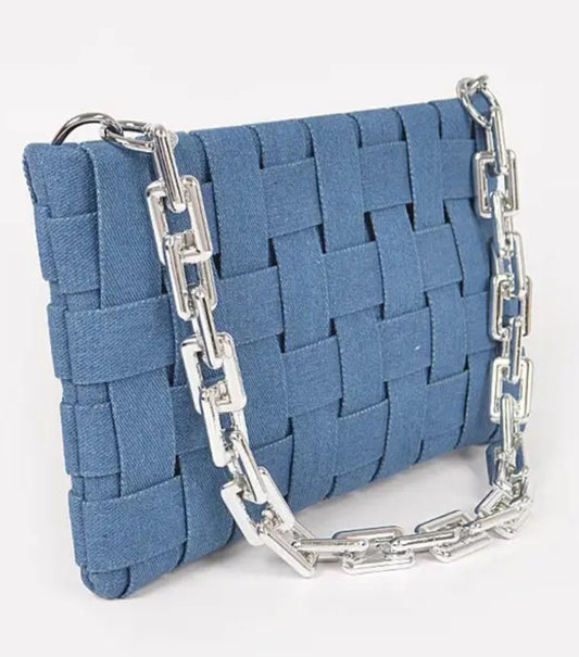 Blue Woven Denim Clutch Handbag