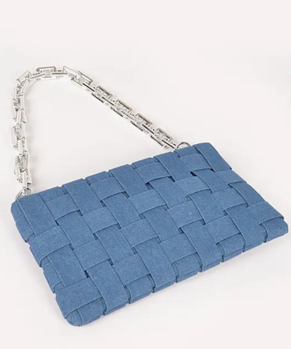 Blue Woven Denim Clutch Handbag