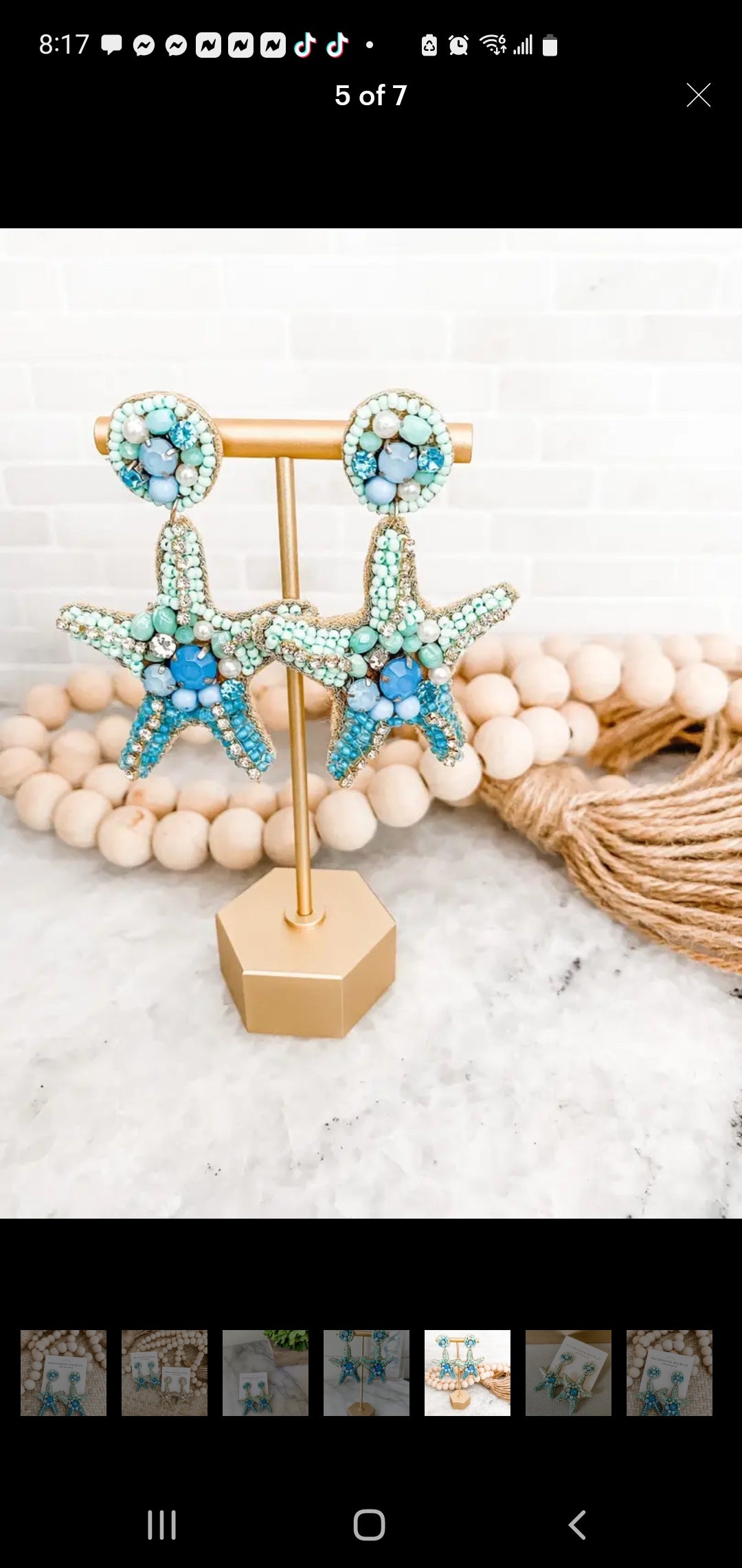Teal Blue Starfish Crystal Beaded Statement Earrings