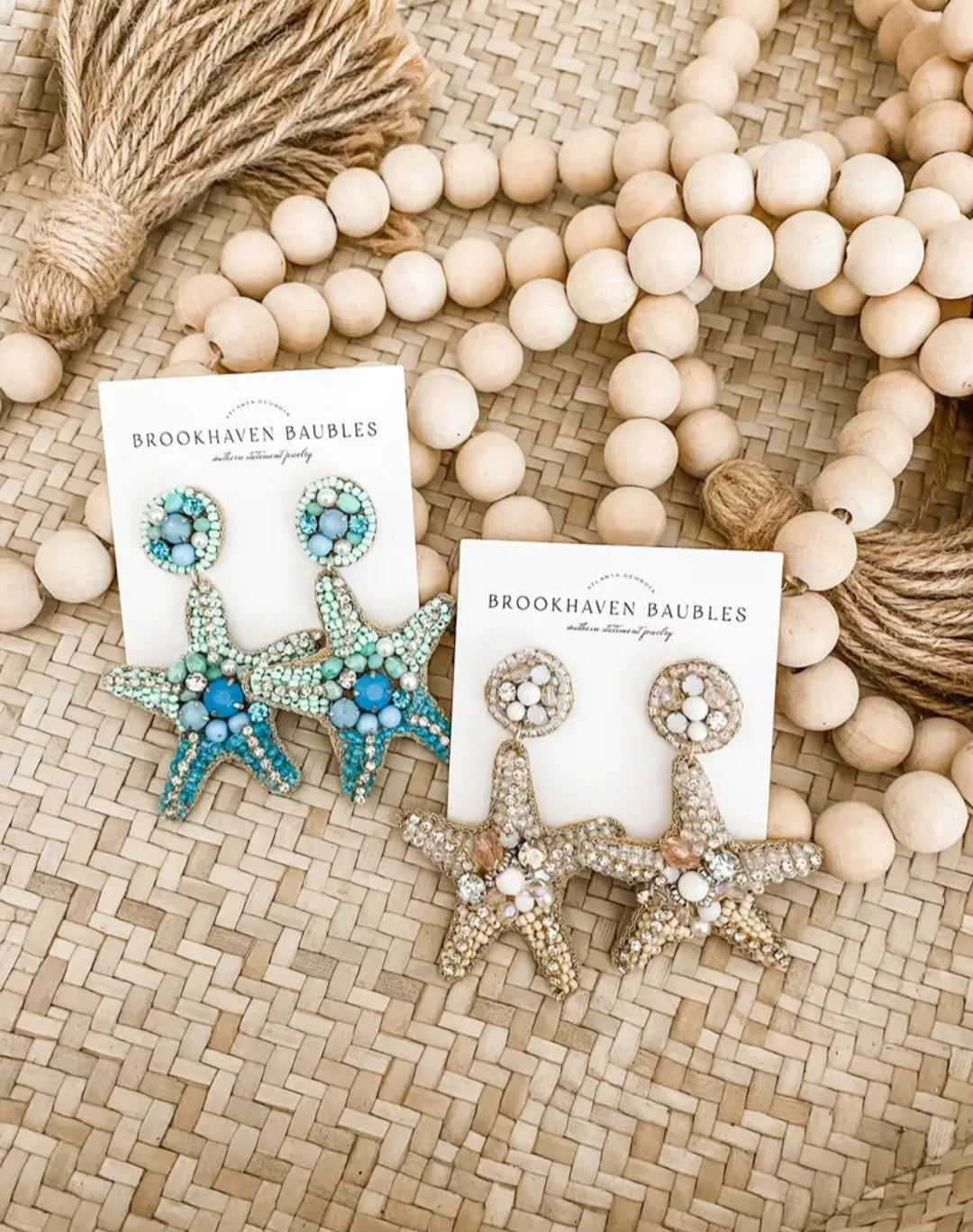 Teal Blue Starfish Crystal Beaded Statement Earrings