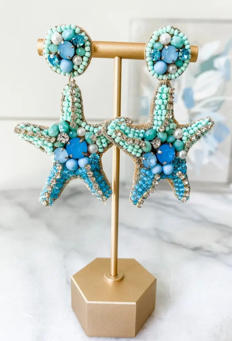 Teal Blue Starfish Crystal Beaded Statement Earrings