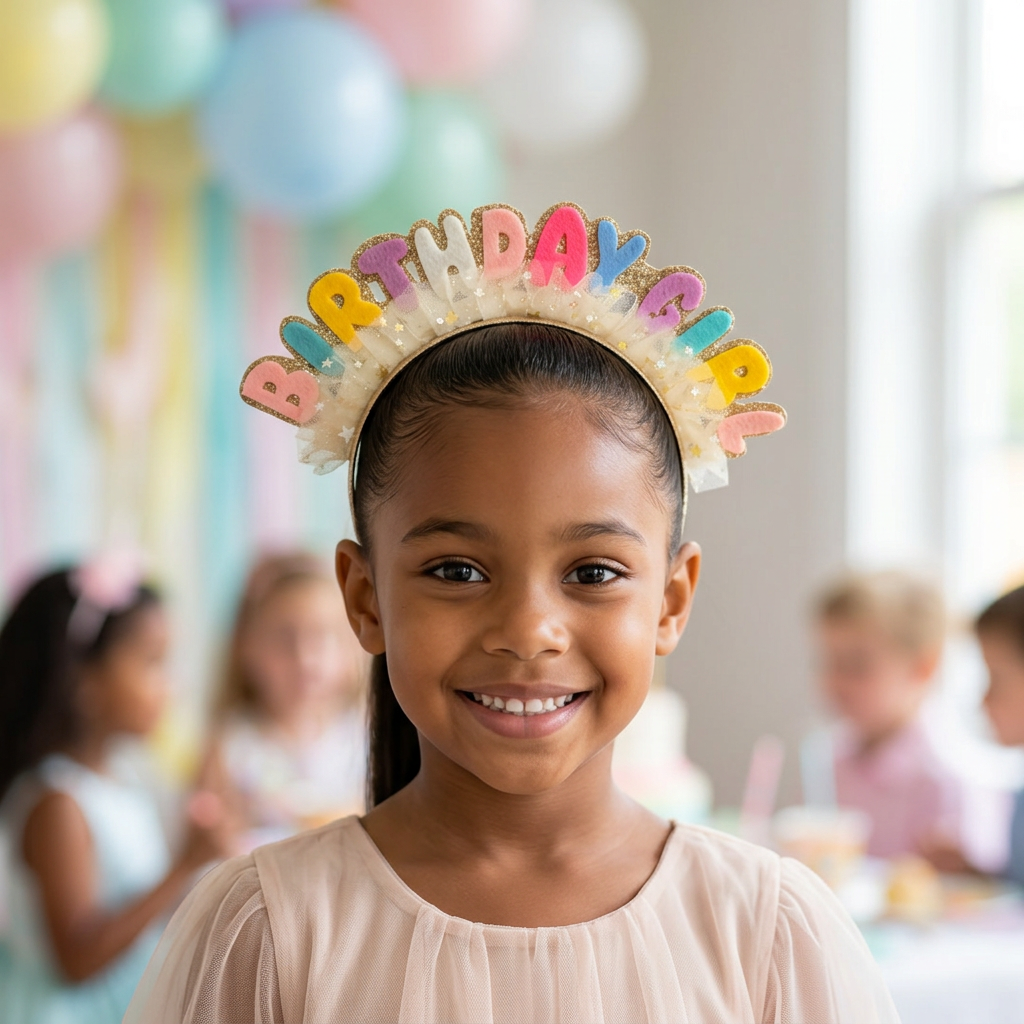 Brown-skinned girl with a ponytail wearing the prominently featured Pastel Birthday Girl Headband