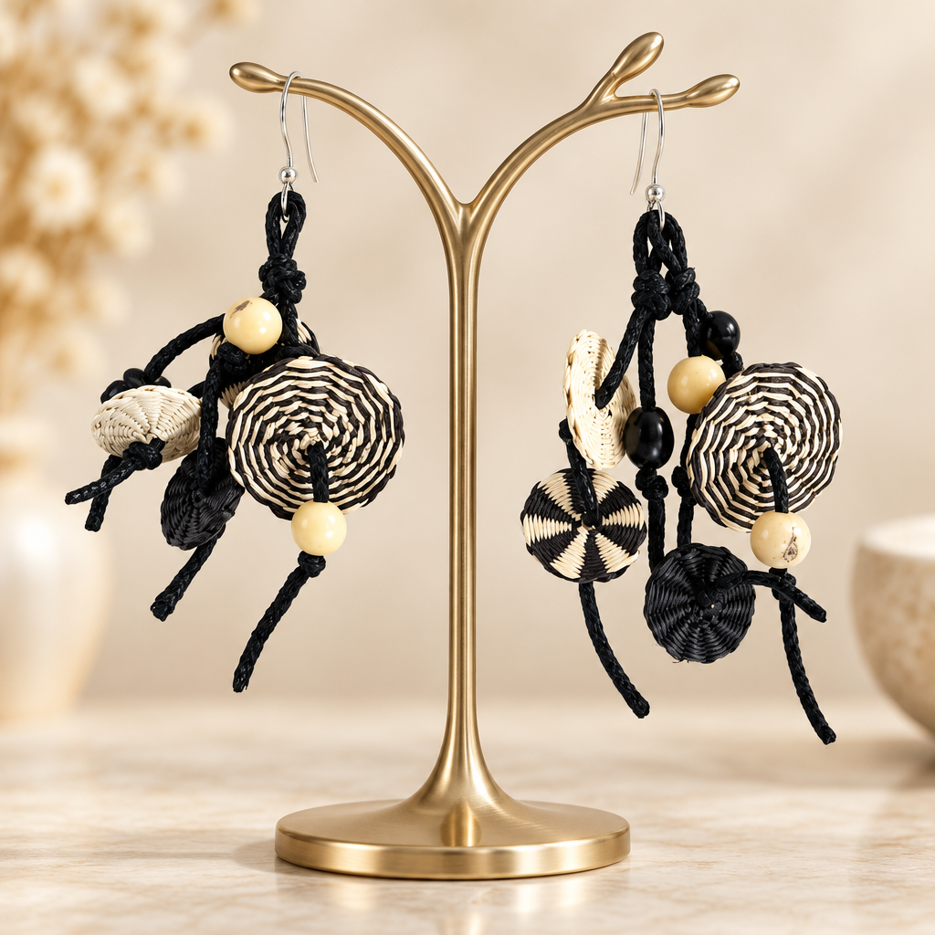 Cream-and-black Iraca Tagua earrings on an elegant earring tree