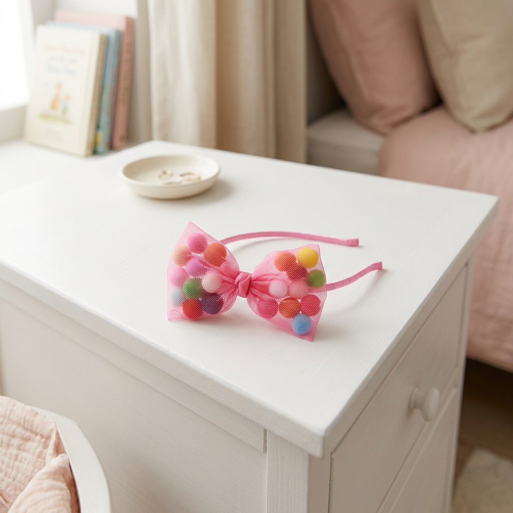 Pom Pom Bow Headband Pink Multi Color