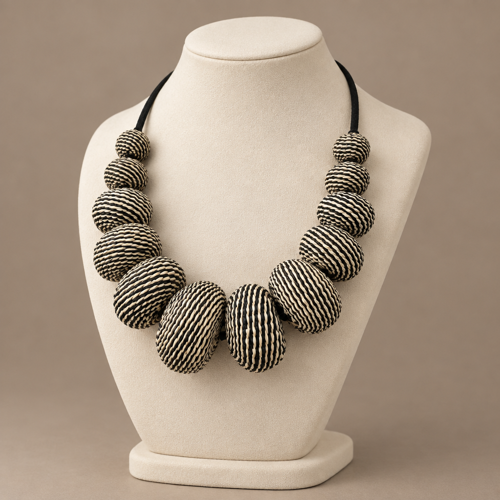 Black & Cream Handwoven Iraca Statement Necklace