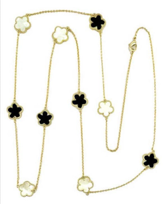 Genuine Onyx & Pearl Clover Station Statement Necklace 36”