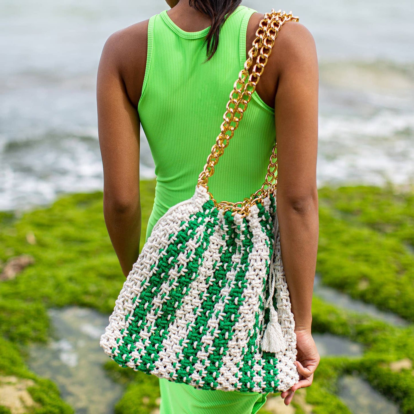 Handmade Macramé Beach Bag In Green X Off-White