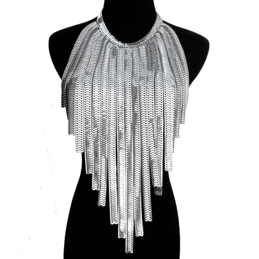 Silver Fringe Metal Statement Chunky Necklace