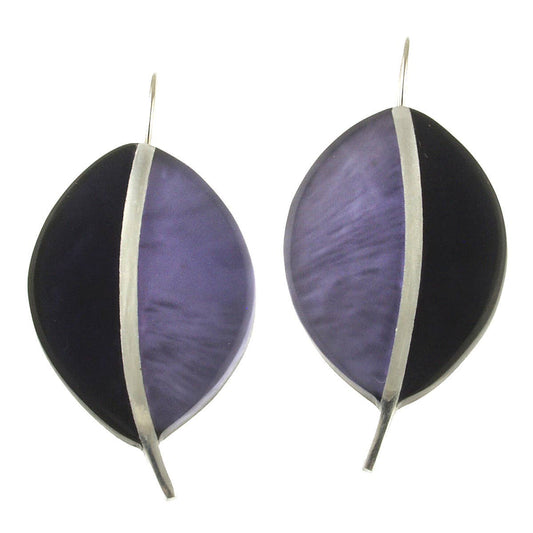 Two Tone Leaf Earrings Purple Black Silver Inlay