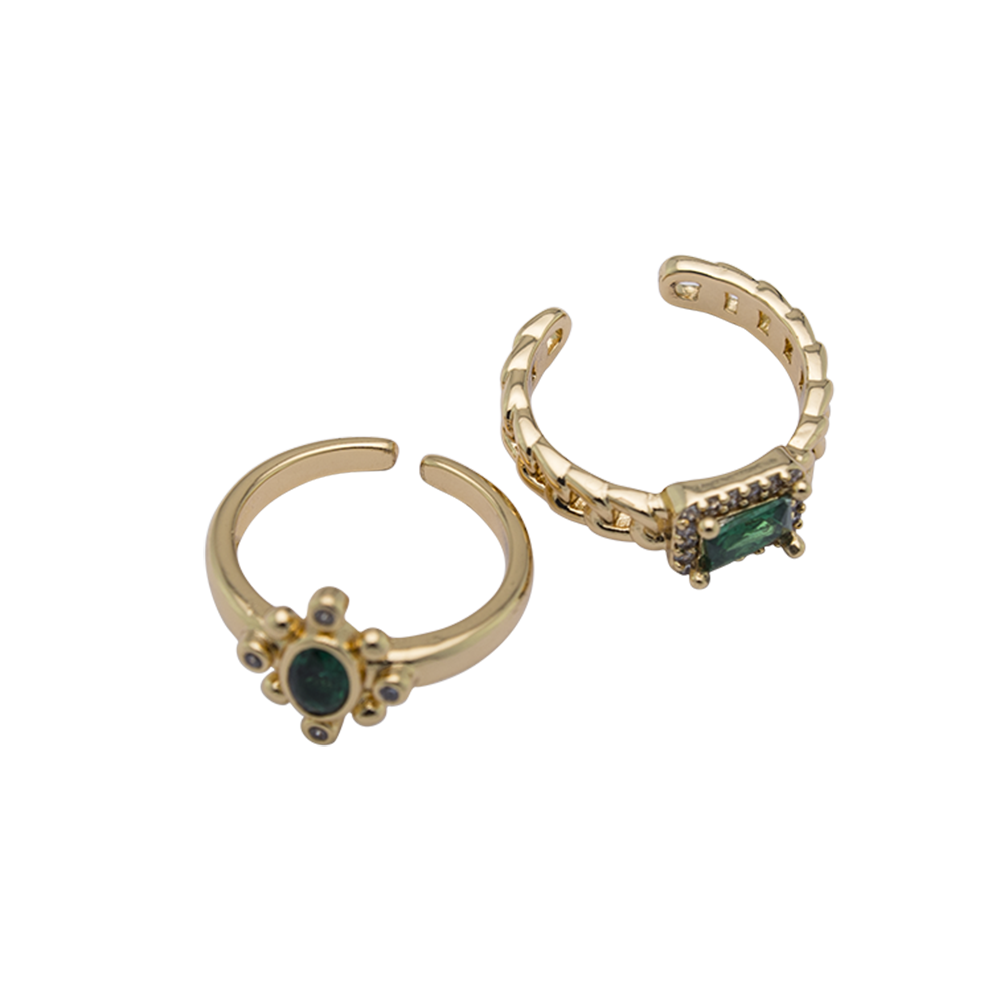 Set Emerald Green Crystal Rings Gold Plated