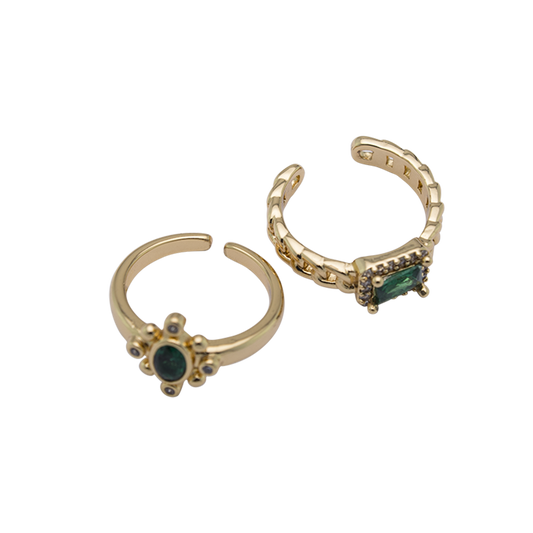 Set Emerald Green Crystal Rings Gold Plated