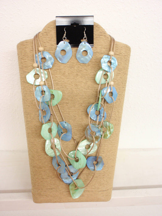 Blue and Green Kabibi Shell Necklace with Matching Earrings | She She's Closet