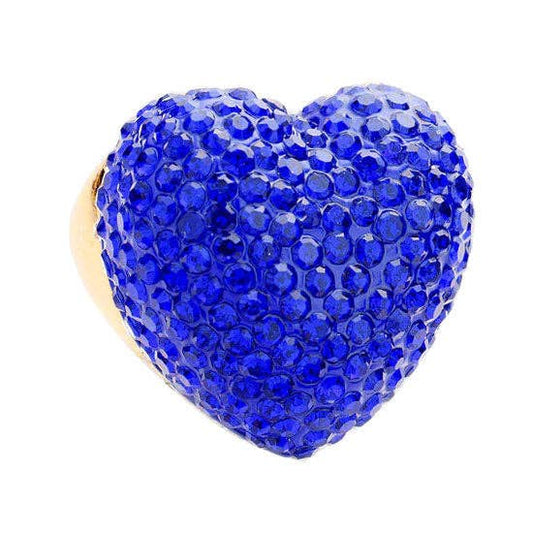 Cobalt Blue Heart Crystal Rhinestone Pave Stretchable Ring | She She's Closet