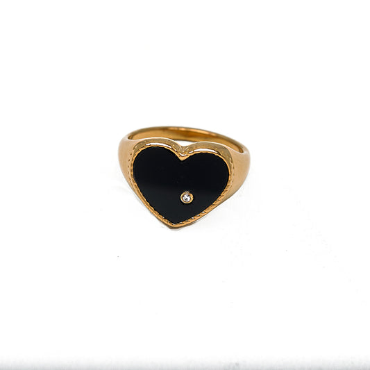 Heart Shaped Black & Gold Ring Stainless Steel