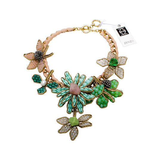 Green Flowered Collar Statement Necklace