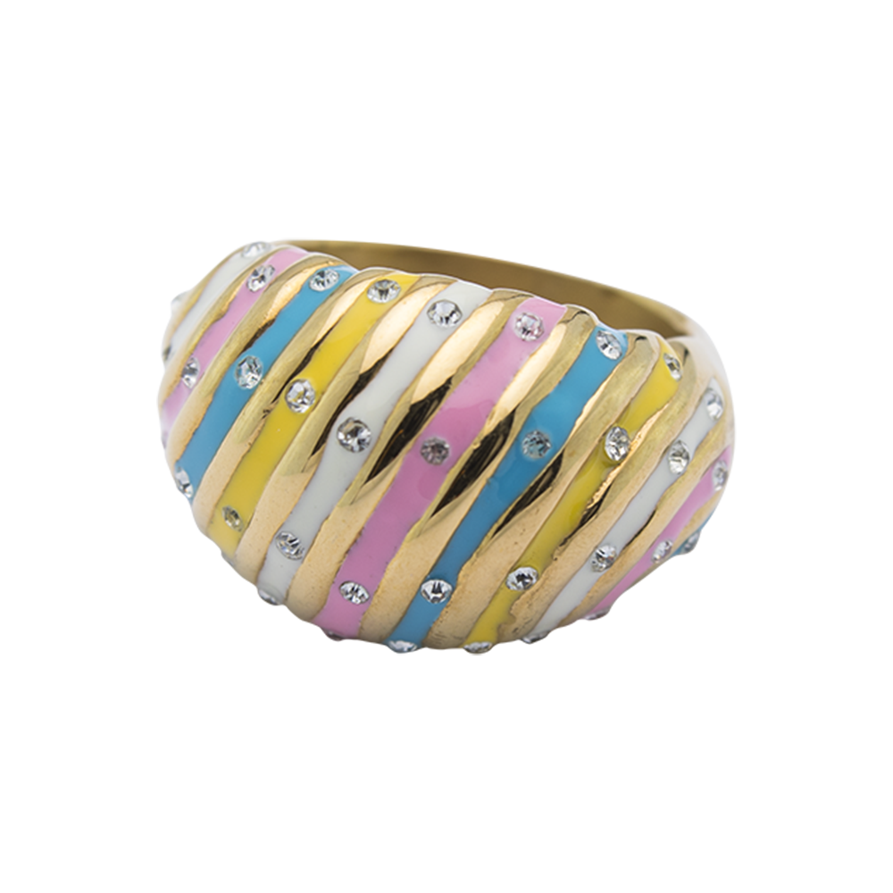 Gold-tone Ring with Crystals & Multi-color Enamel Stripes