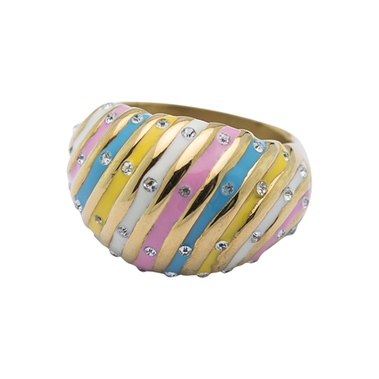 Gold-tone Ring with Crystals & Multi-color Enamel Stripes