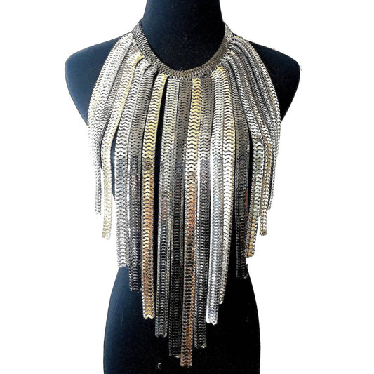 Tri Color Silver Gold Rodium Fringe Metal Statement Chunky Necklace