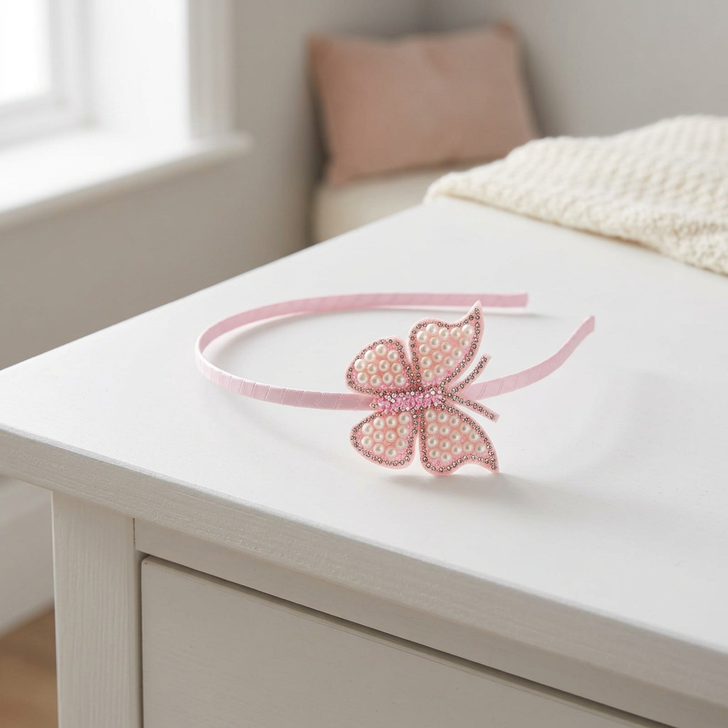 Pink butterfly pearl headband lying flat on a white dresser top