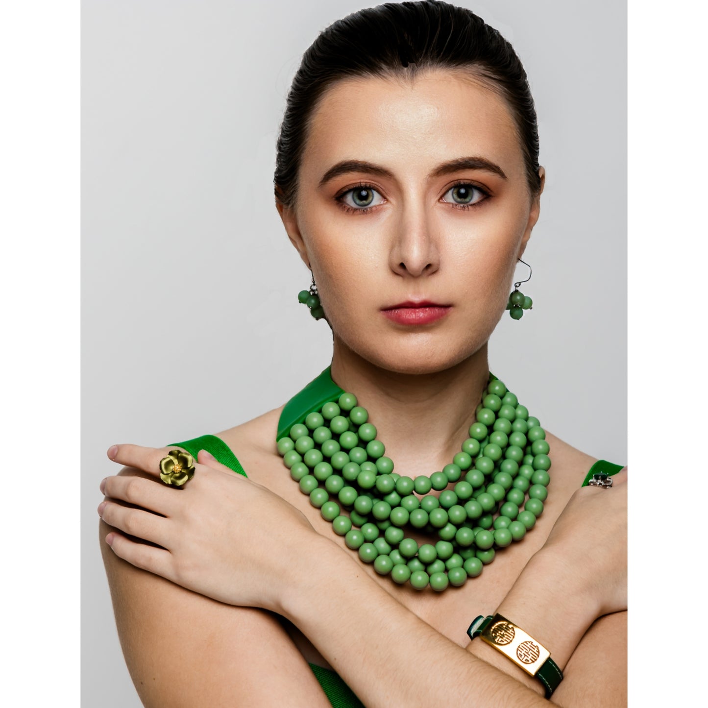 Multi-Strand Green Beaded Leather Collar Necklace