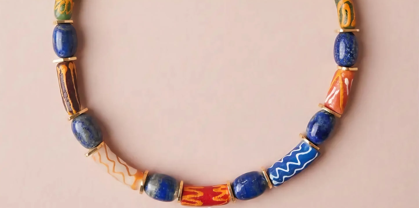 Lapis Lazuli & Ghana Glass Bead Necklace | Colorful Ghana Glass Beads Wearable Art