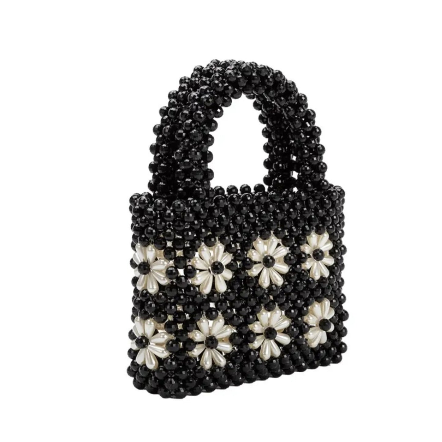 Selena Black White Beaded Top Handle Bag