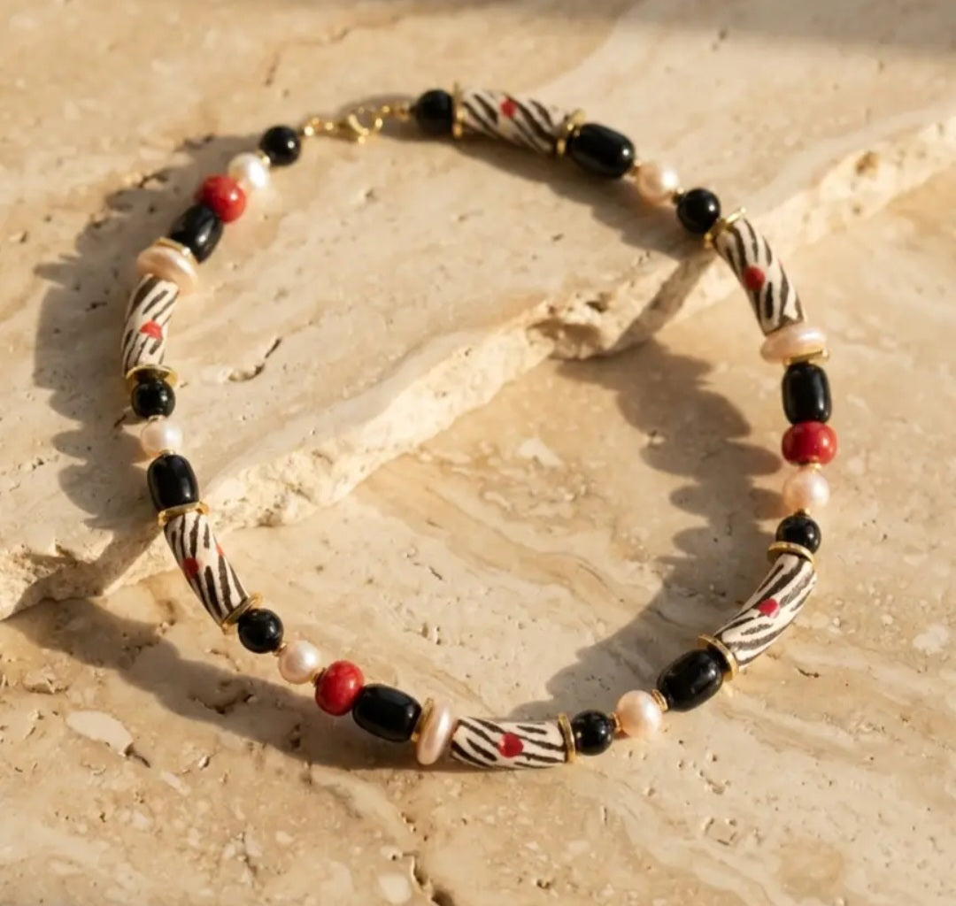 Necklace Onyx Freshwater Pearls and Ghana Beads