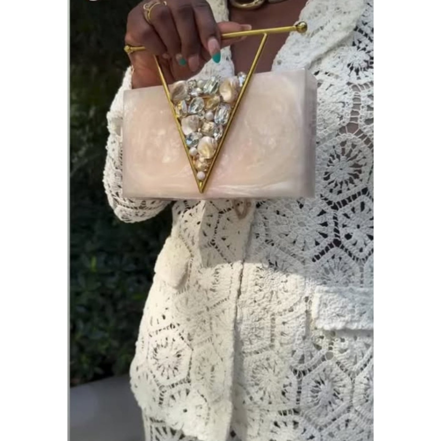 Off White V Stone Clutch Top Handle
