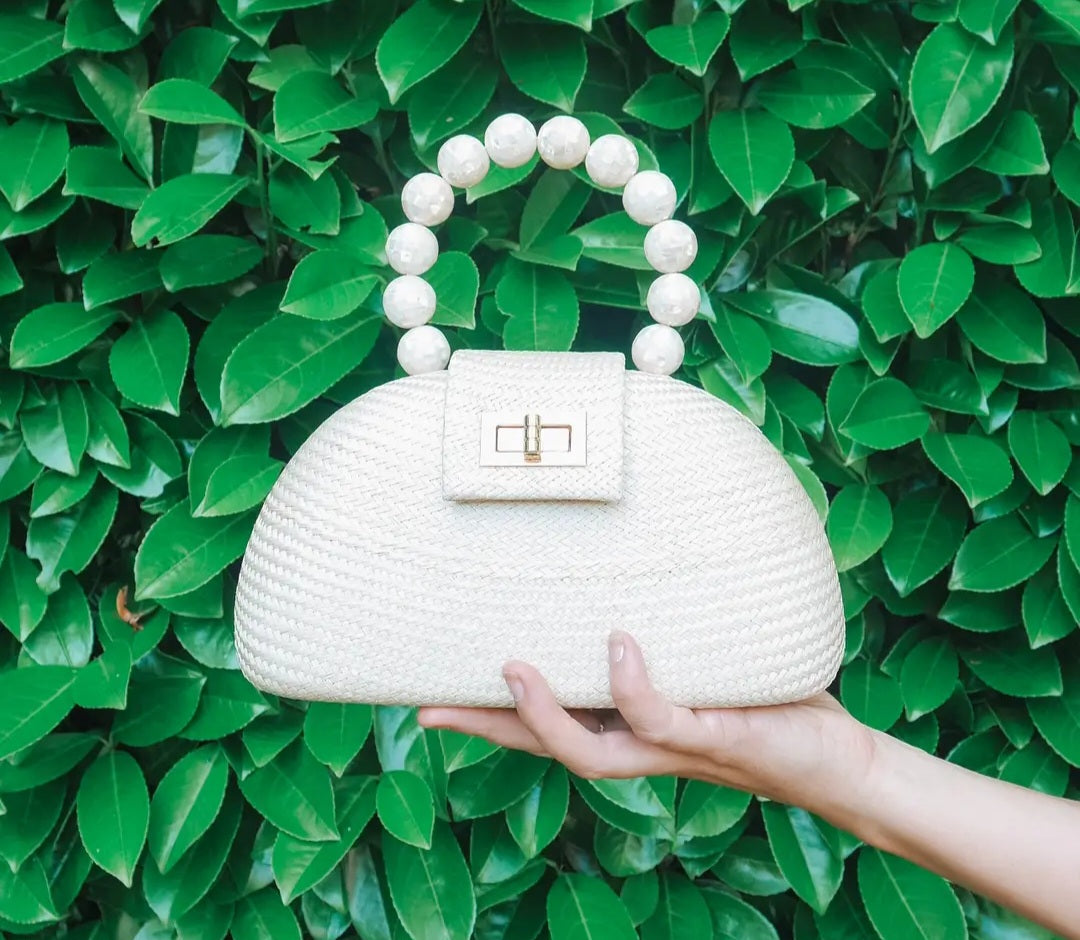 Semi Circle Cream Clutch with Shell Pearl Handle – Milky White, Handcrafted