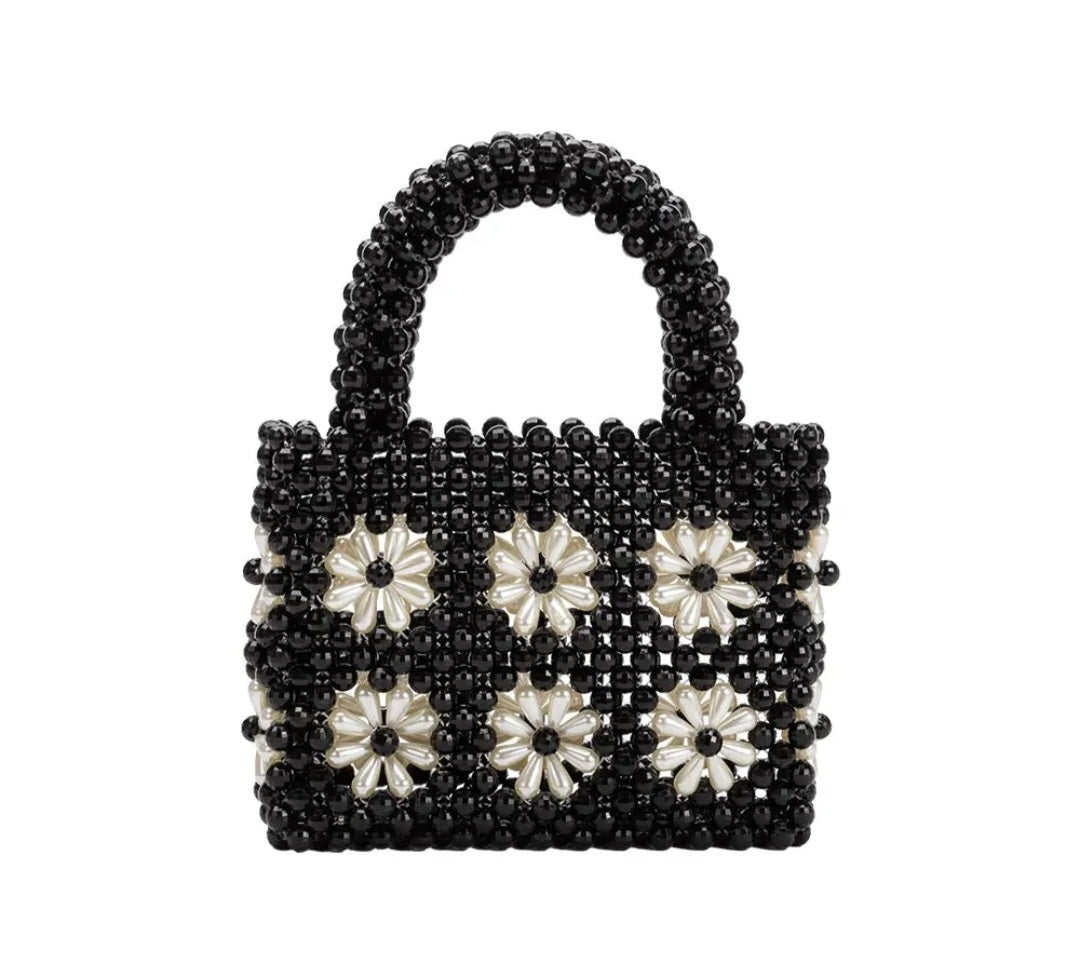 Selena Black White Beaded Top Handle Bag