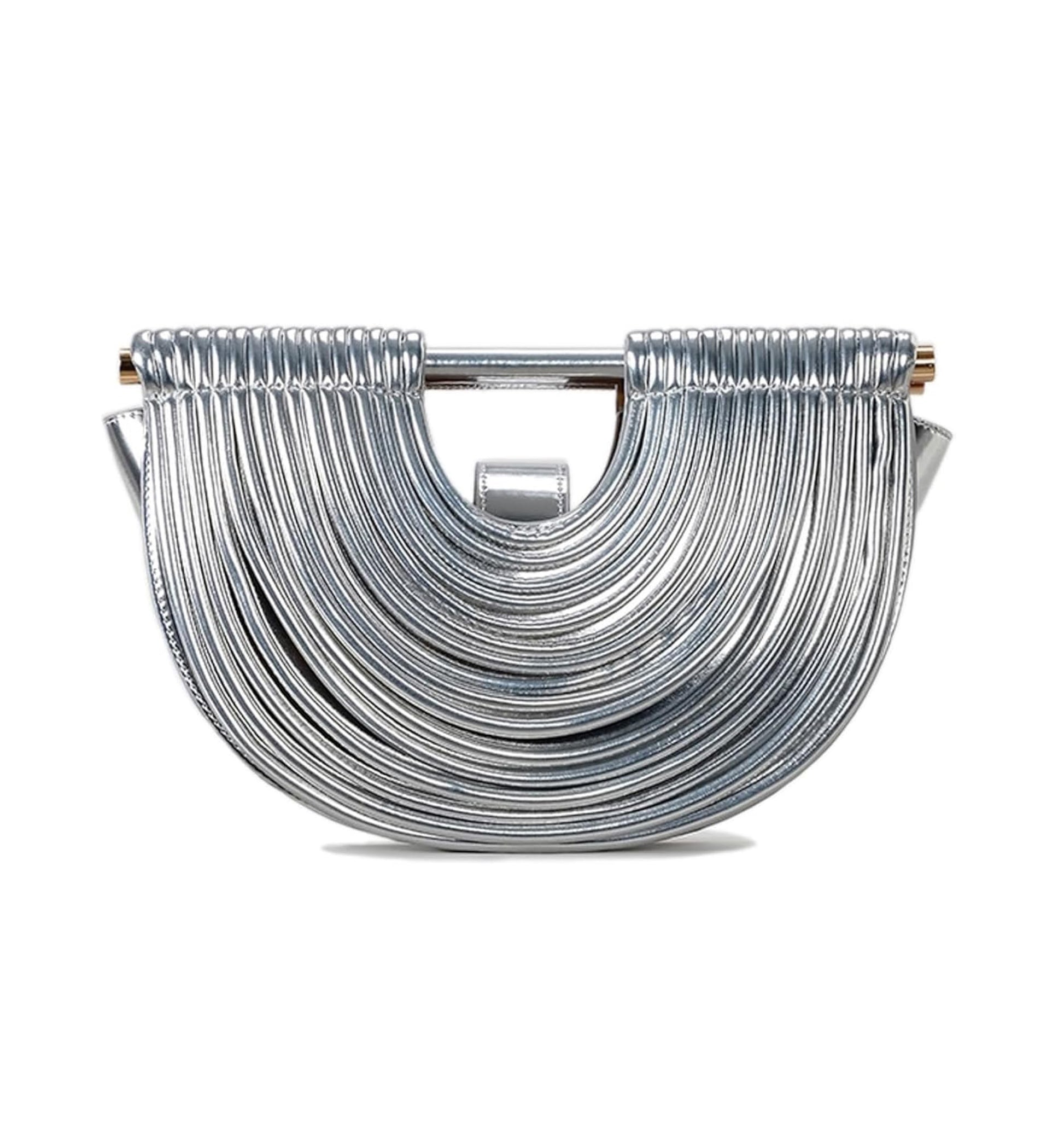 Silver metallic clutch bag on a white background