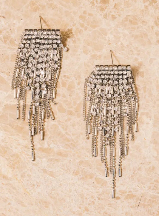 Dale Dangle Crystal Fringe Earrings White Gold Plating