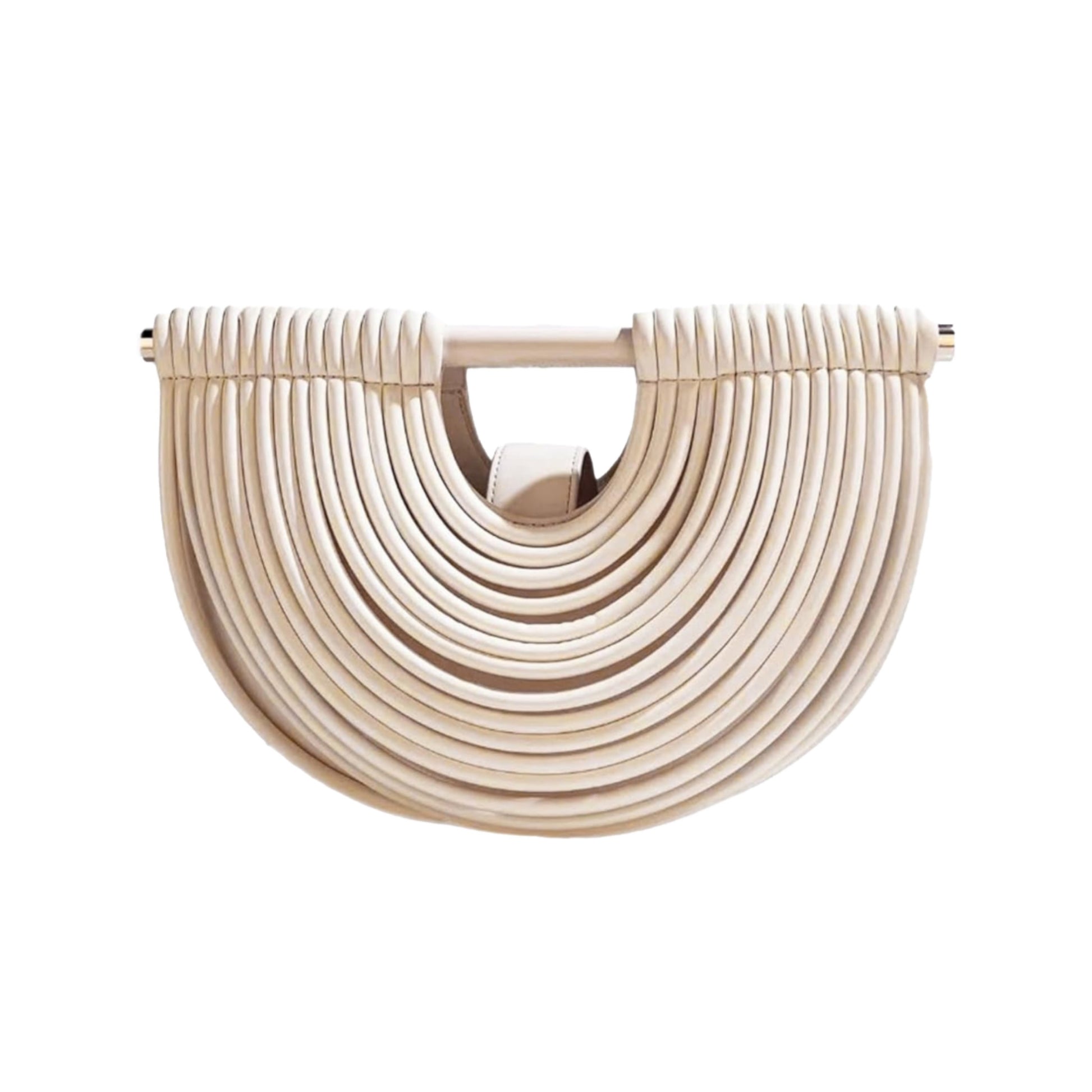 Beige woven clutch bag on a white background