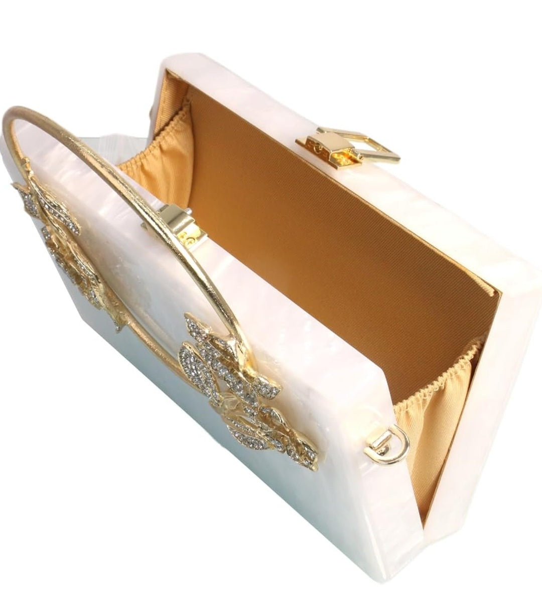 Milky White Acrylic Clutch Gold Hardware Crystal Floral Embellishments