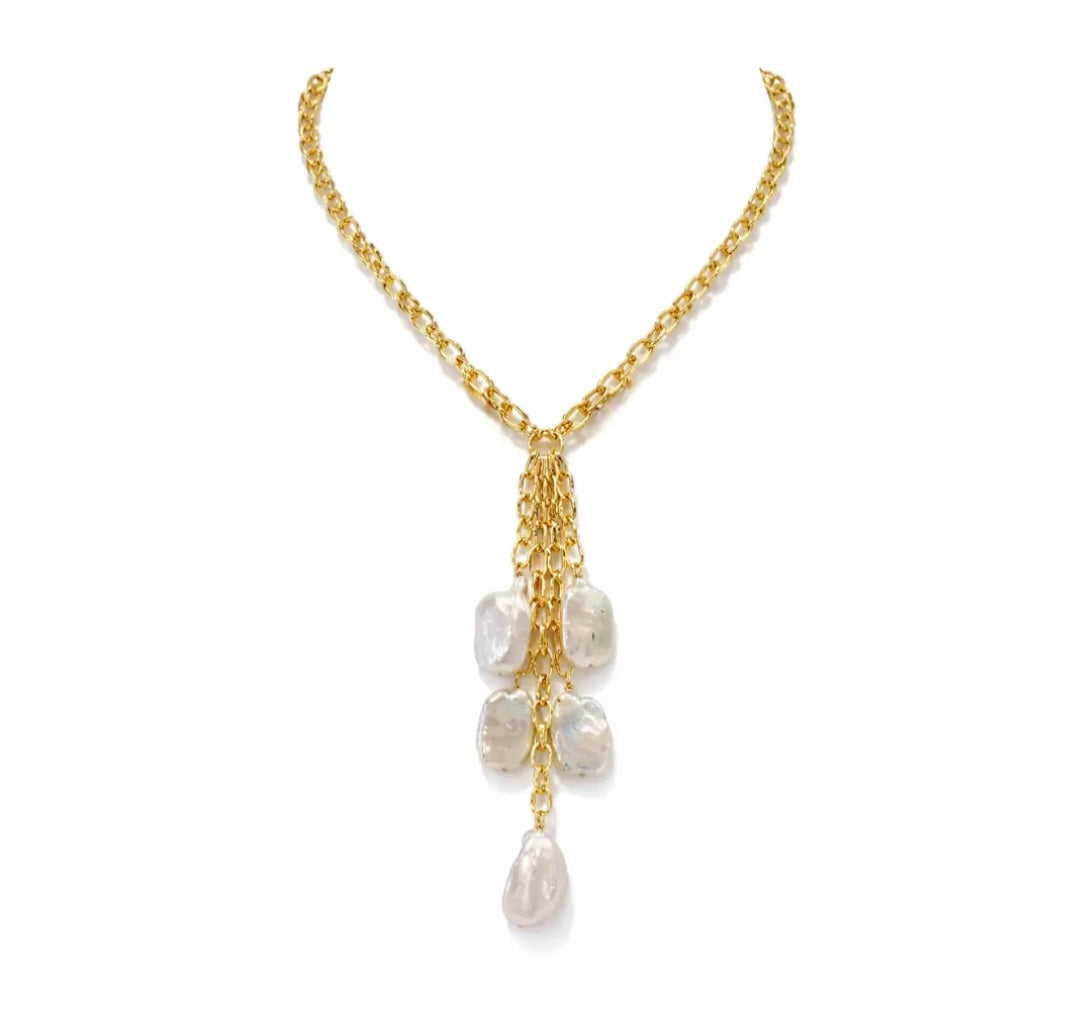 Mykonos Tassel Pearl Necklace | Curved Gold Chain