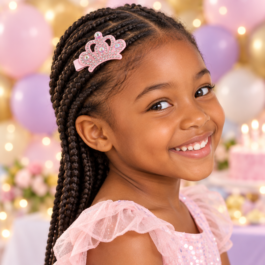Young girl with braids wearing the pink crown clip at a party