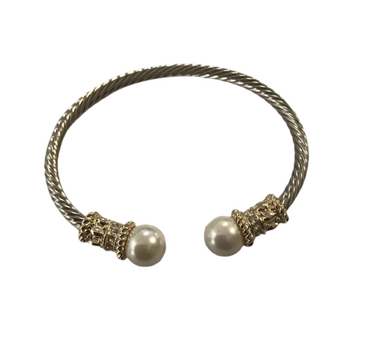 Two Tone Twisted Metal & Pearl Cuff Bracelet: Timeless Elegance for Every Wardrobe