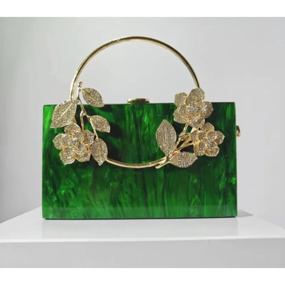 Green Marble Clutchbag Crystal Floral Embellishments Gold Top Handle