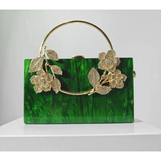 Green Marble Clutchbag Crystal Floral Embellishments Gold Top Handle