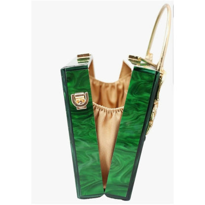 Green Marble Clutchbag Crystal Floral Embellishments Gold Top Handle