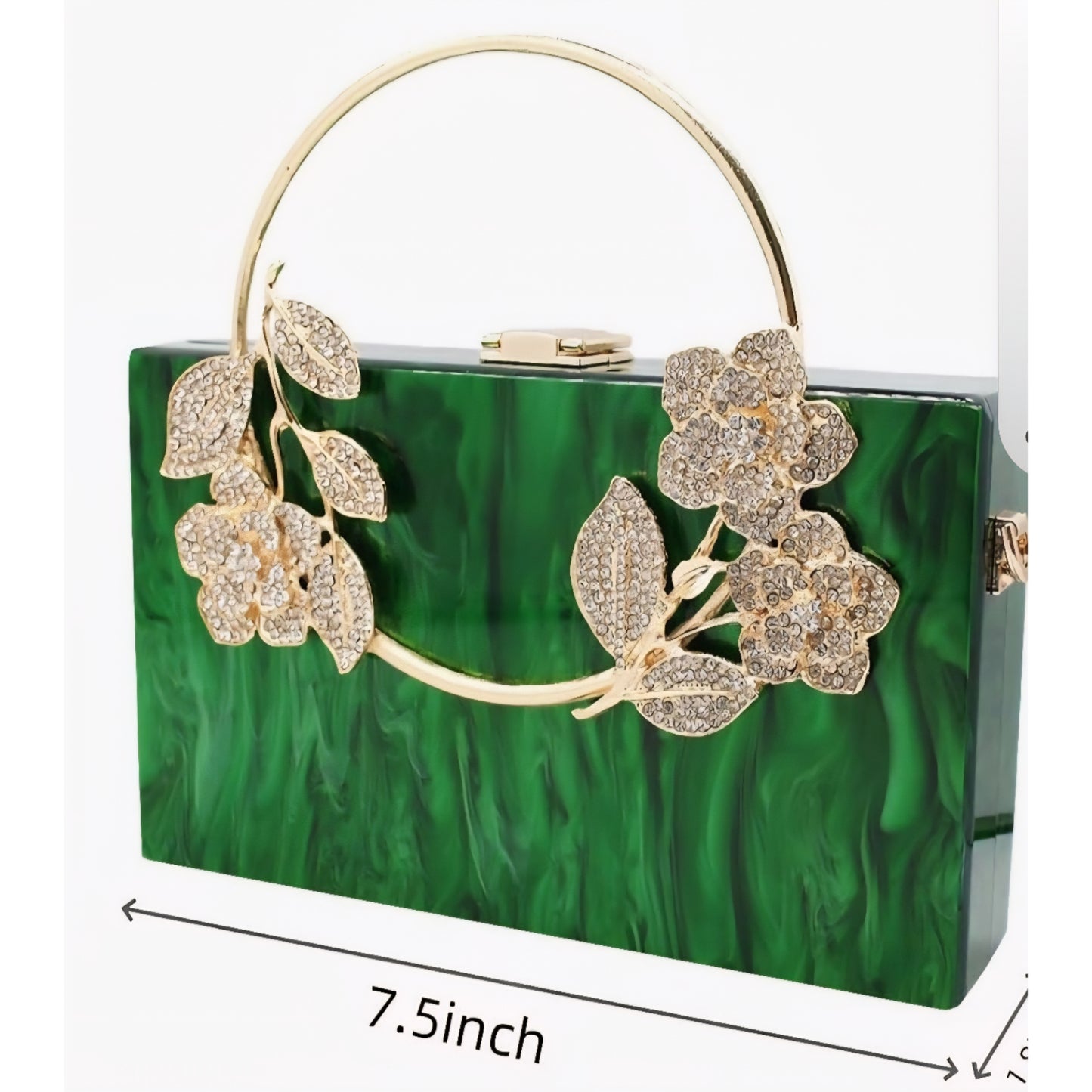 Green Marble Clutchbag Crystal Floral Embellishments Gold Top Handle