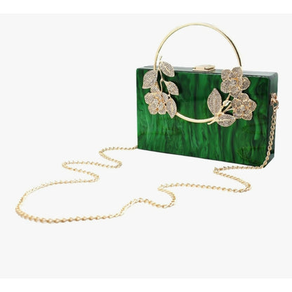 Green Marble Clutchbag Crystal Floral Embellishments Gold Top Handle