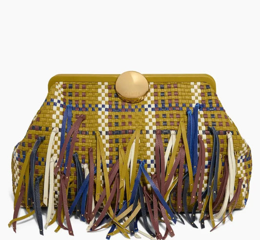 Jumbo colorful leather clutch with woven texture, multicolor fringe, and circular gold-tone clasp