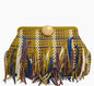 Jumbo colorful leather clutch with woven texture, multicolor fringe, and circular gold-tone clasp
