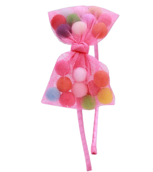 Pom Pom Bow Headband        Pink Multi Color
