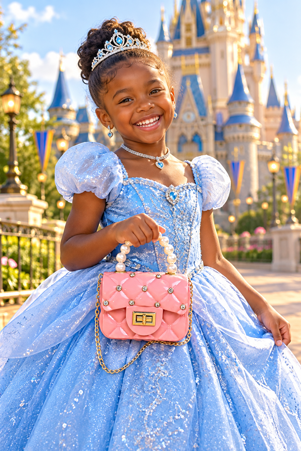 7-year-old Black girl in a Cinderella-style princess dress carrying the bedazzled pearl purse in front of a fairytale castle