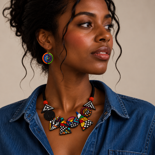Handcrafted Clay Jewelry Set – Adjustable Lightweight Colorful Geometric Necklace & Earrings